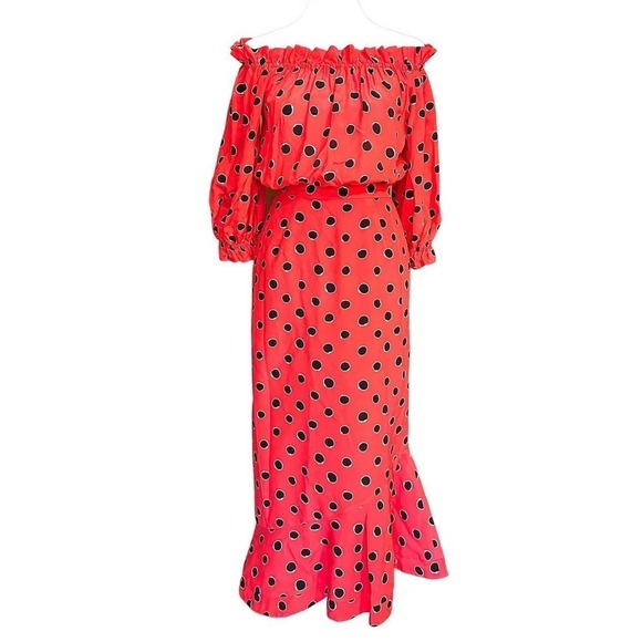 Saloni Midi Dress SILK Red White Black Polka Dot Grace Off Shoulder Ruffle XS 0 - Picture 5 of 12